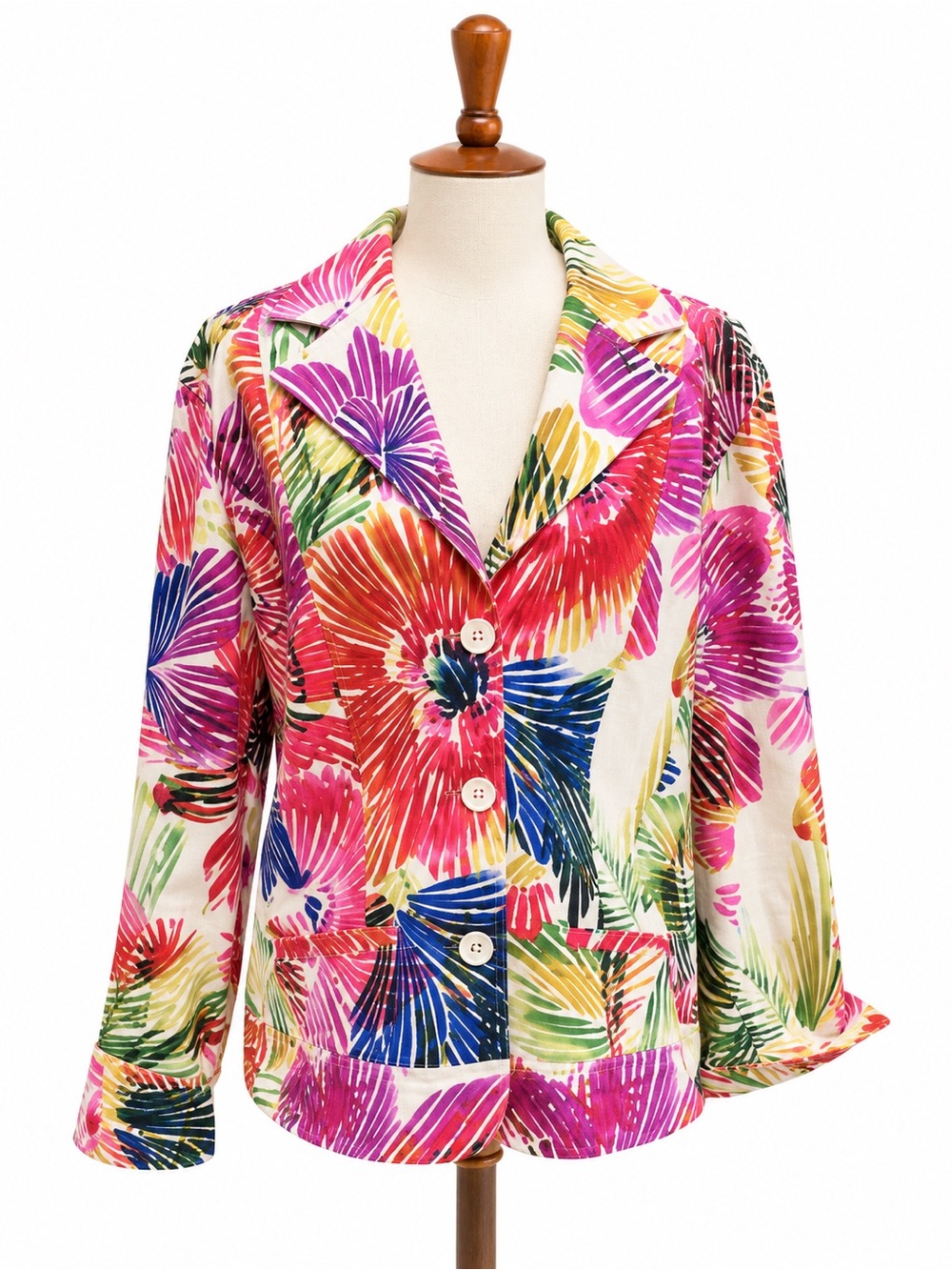 Chico's colorful Polynesian tropical floral button-front jacket Cotton Blazer L